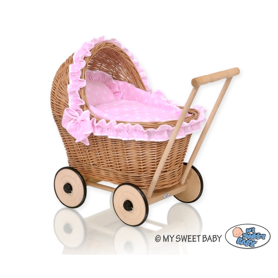 Natural Wicker and Wood Retro Style New Doll Pram  Bedding Set White Dots on Pink