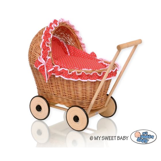 Natural Wicker and Wood Retro Style New Doll Pram  Red with White Dots