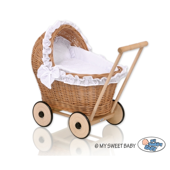 Natural Wicker and Wood Retro Style New Doll Pram White Bedding Set