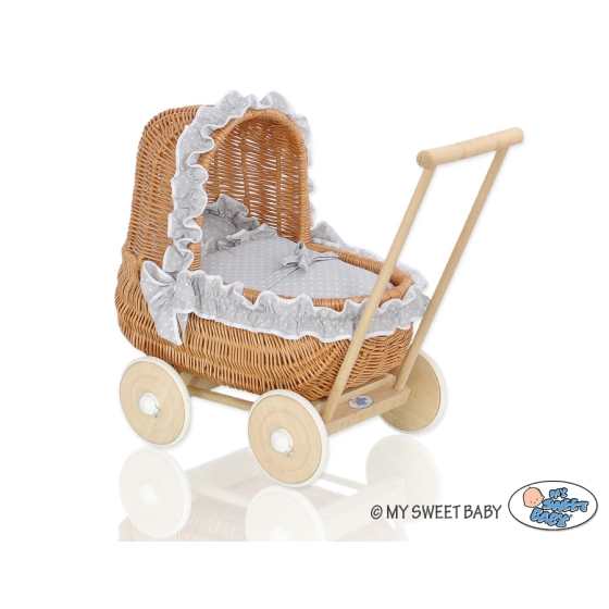 Natural Wicker Dolls Pram Basket Gray with White Dots Bedding Set