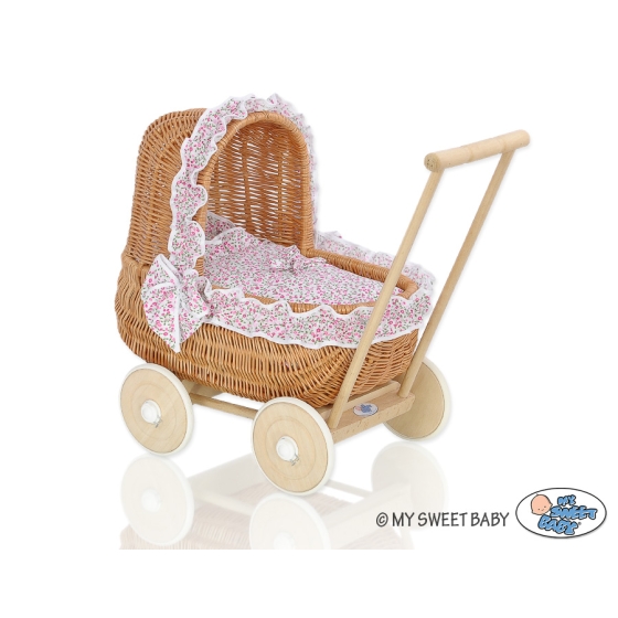 Natural Wicker Dolls Pram Basket Pink with White Dots Bedding Set