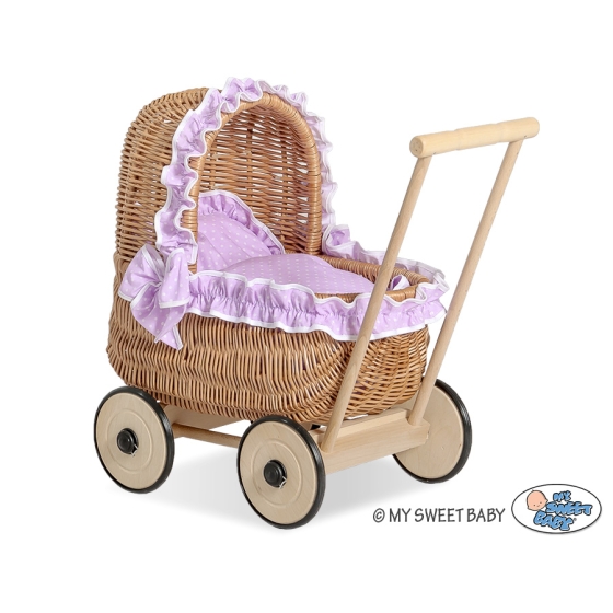 Natural Wicker Dolls Pram Basket Purple with White Dots Dolls Bedding