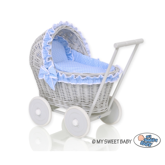 New Retro Style Gray Wicker Doll Pram/Stroller Handmade Bedding Set White Dots on Blue
