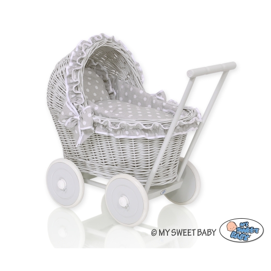 New Retro Style Gray Wicker Doll Pram/Stroller Handmade  Bedding Set White Dots on Gray