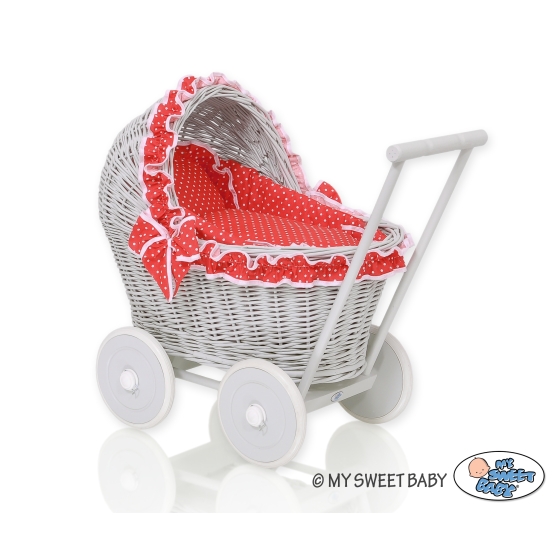 New Retro Style Gray Wicker Doll Pram/Stroller Handmade  Red with White Dots