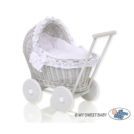 New Retro Style Gray Wicker Doll Pram/Stroller Handmade White Bedding Set