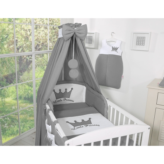 Newborn Baby Bedding set 11pcs with canopy- Little Prince/Princess anthracite