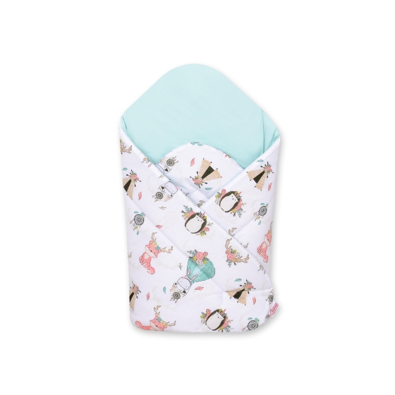 Newborn Wrap Swaddle Blanket with stiffening - foxes beige/mint