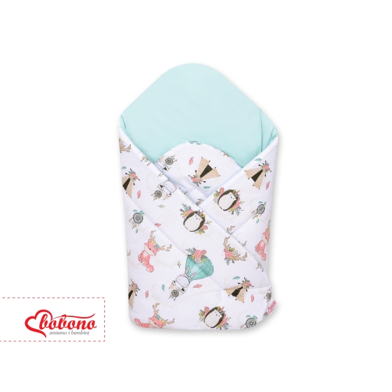 Newborn Wrap Swaddle Blanket with stiffening - foxes beige/mint