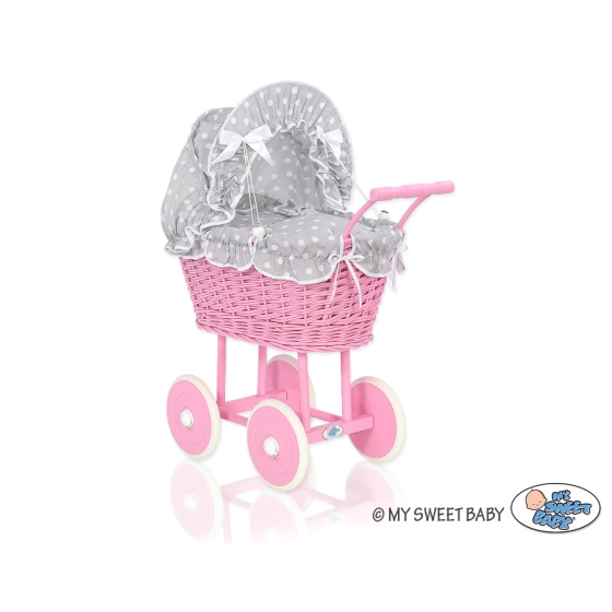 Pink Wicker Doll Carriage Pram Bedding Set White Dots on Gray