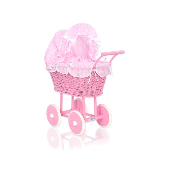 Pink Wicker Doll Carriage Pram Bedding Set White Dots on Pink
