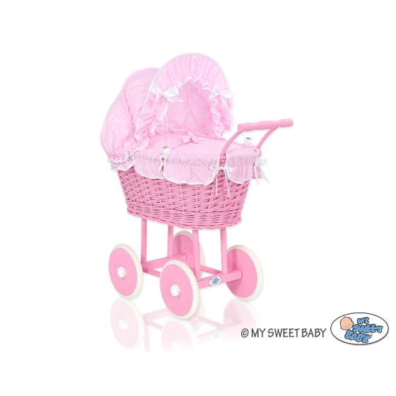 Pink Wicker Doll Carriage Pram Pink Bedding with White Dots
