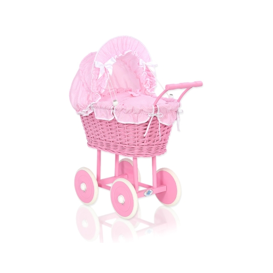 Pink Wicker Doll Carriage Pram Pink checkered Bedding