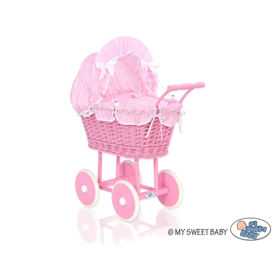 Pink Wicker Doll Carriage Pram Pink checkered Bedding