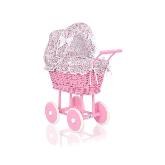Pink Wicker Doll Carriage Pram Pink Flowers Bedding Set
