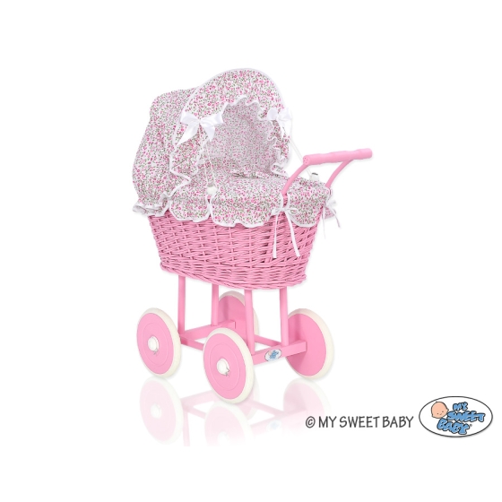 Pink Wicker Doll Carriage Pram Pink Flowers Bedding Set