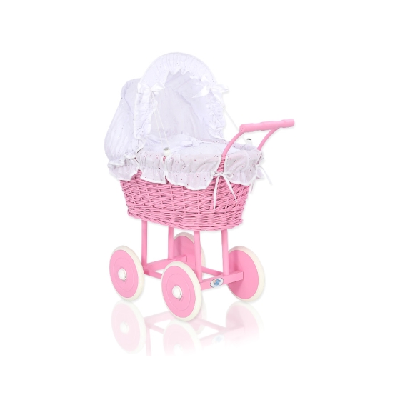 Pink Wicker Doll Carriage Pram White Bedding Set