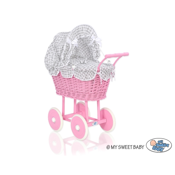 Pink Wicker Doll Carriage Pram White Gray Checkered