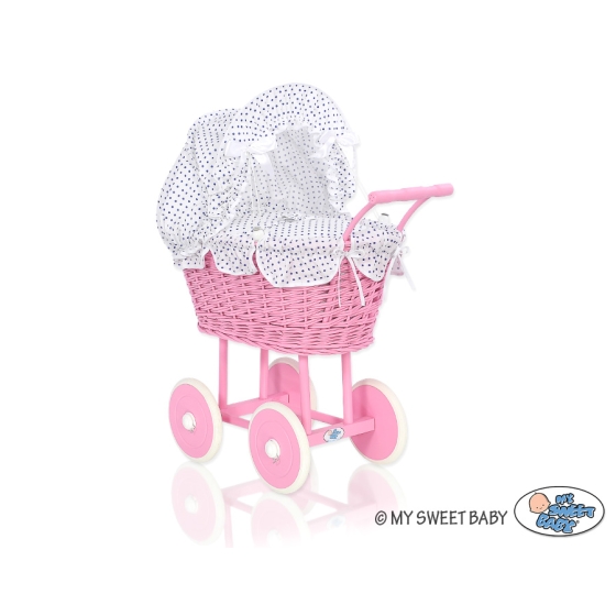 Pink Wicker Doll Carriage Pram White with Navy Blue Dots Bedding Set