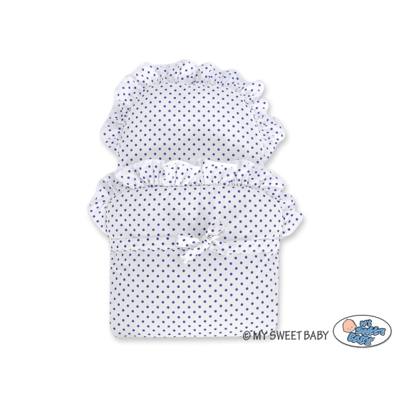 Pink Wicker Doll Carriage Pram White with Navy Blue Dots Bedding Set