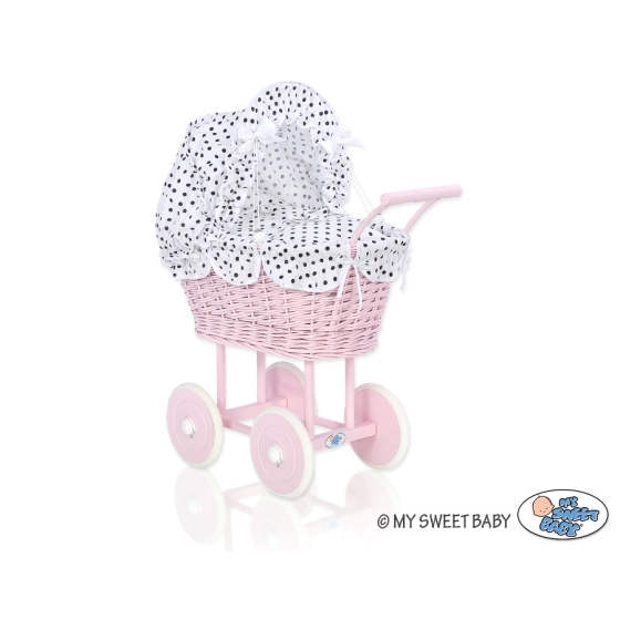 Pink Wicker Doll Pram Carriage White with Black Dots Bedding Set
