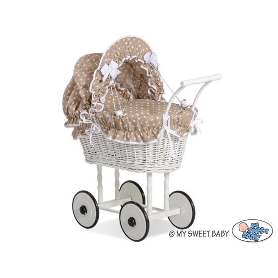 Retro Style White Wicker Doll Pram Bedding Set White Dots on Brown