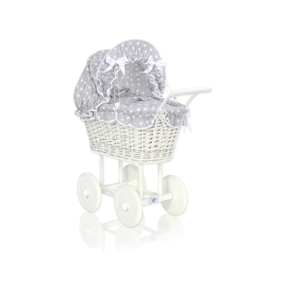 Retro Style White Wicker Doll Pram Bedding Set White Dots on Gray