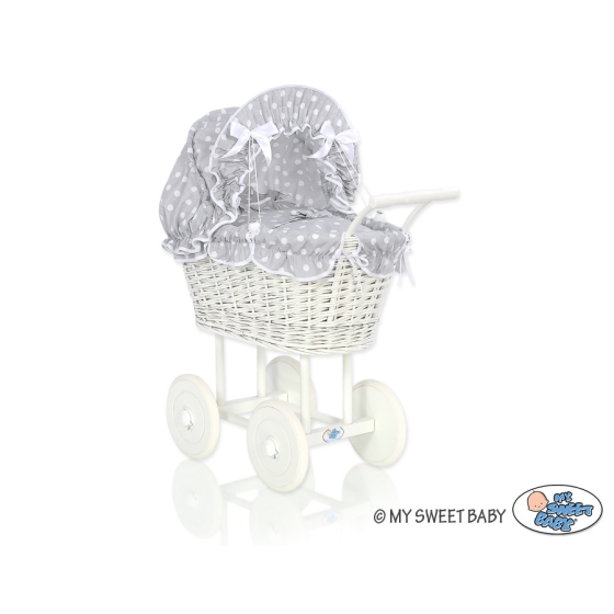 Retro Style White Wicker Doll Pram Bedding Set White Dots on Gray
