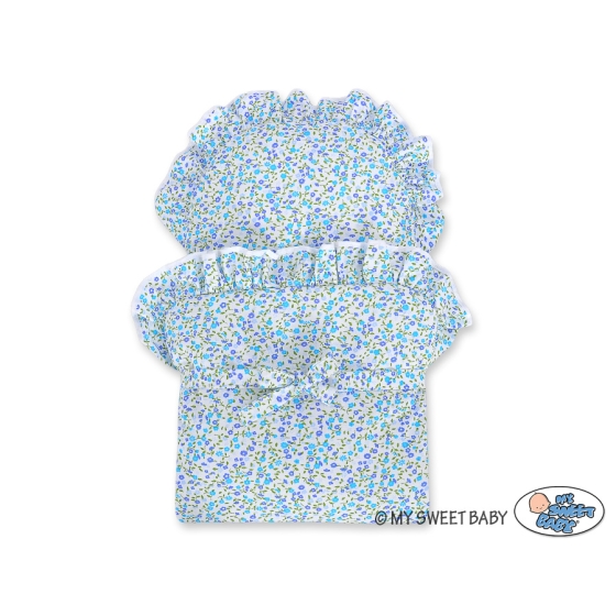 Retro Style White Wicker Doll Pram Blue Flowers Bedding Set