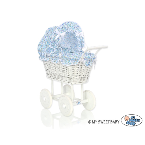 Retro Style White Wicker Doll Pram Blue Flowers Bedding Set