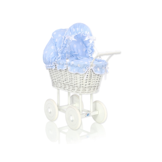 Retro Style White Wicker Doll Pram Blue with Big White Dots
