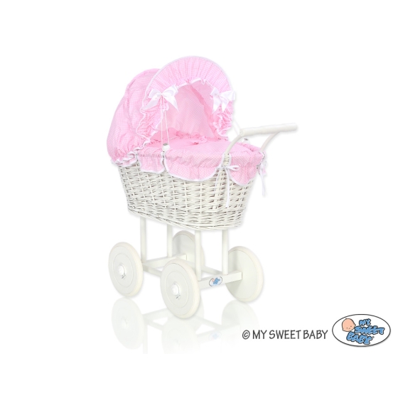 Retro Style White Wicker Doll Pram Pink checkered Bedding