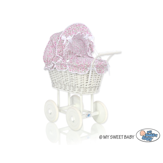 Retro Style White Wicker Doll Pram Pink Flowers Bedding Set