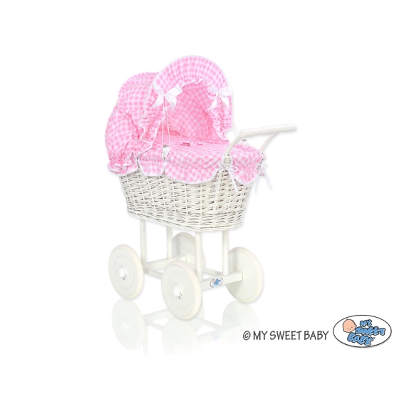 Retro Style White Wicker Doll Pram Pink White Checkered Bedding Set