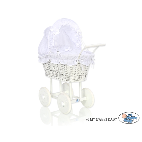 Retro Style White Wicker Doll Pram White Bedding Set