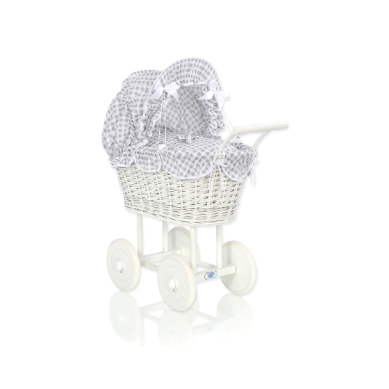Retro Style White Wicker Doll Pram White Gray Checkered