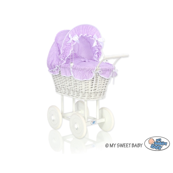 Retro Style White Wicker Doll pram White-Lilac Checkered Bedding Set