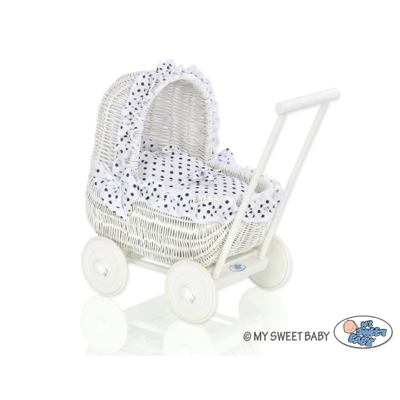 Retro Style White Wicker Doll Pram White with Black Dots Bedding Set