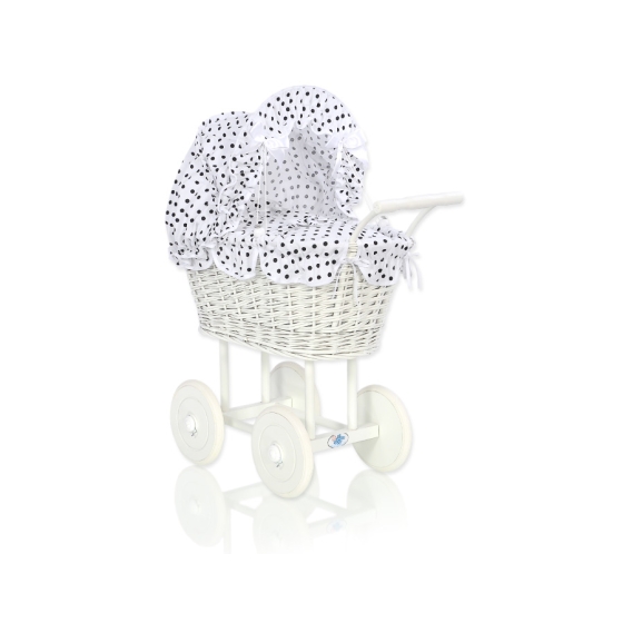 Retro Style White Wicker Doll Pram White with Black Dots Bedding Set