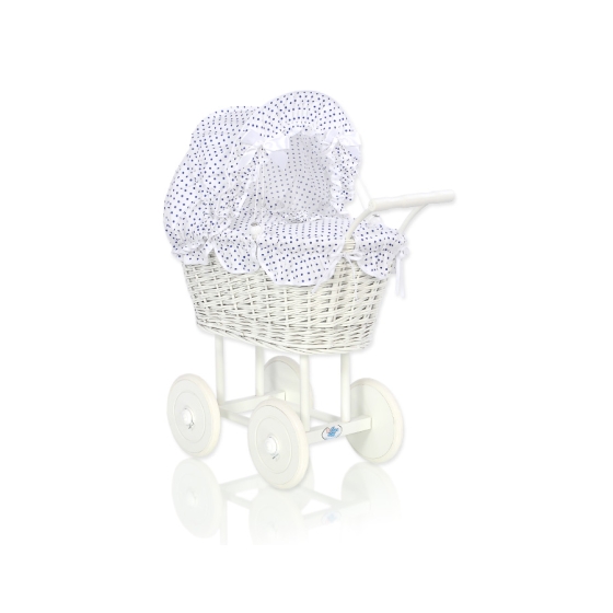Retro Style White Wicker Doll Pram White with Navy Blue Dots Bedding Set