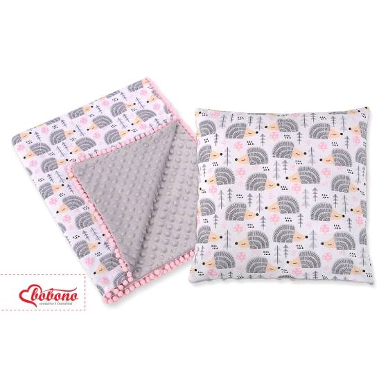 Set: Double-sided blanket minky + pillow- hedgehogs Gray
