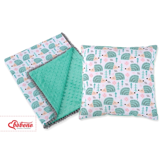 Set: Double-sided blanket minky + pillow- hedgehogs mint