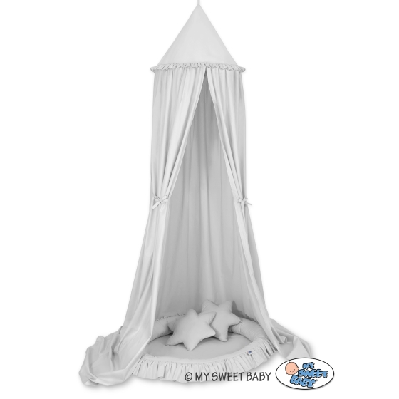 Set: Hanging canopy + Nest with flounce + pillows - gray