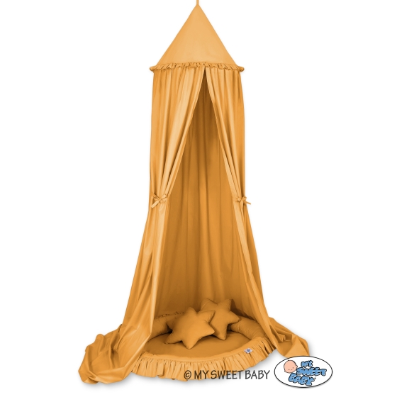 Set: Hanging canopy + Nest with flounce + pillows - honey yellow
