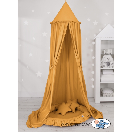 Set: Hanging canopy + Nest with flounce + pillows - honey yellow