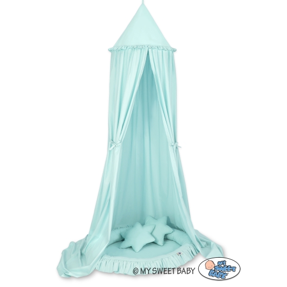 Set: Hanging canopy + Nest with flounce + pillows - mint