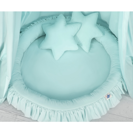 Set: Hanging canopy + Nest with flounce + pillows - mint