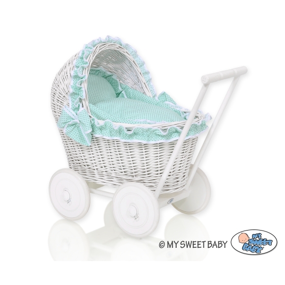 White Wicker Doll Bassinet Stroller Retro Style Basket Handmade -1034