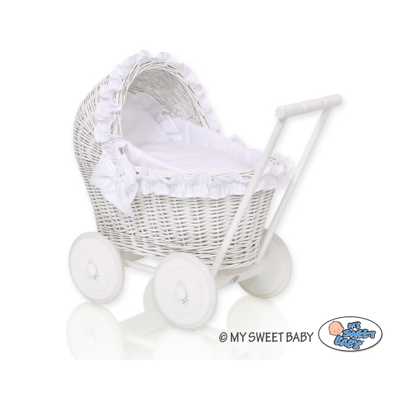 White Wicker Doll Bassinet Stroller Retro Style Basket Handmade -516