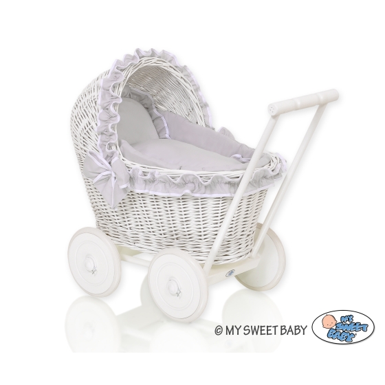 White Wicker Doll Bassinet Stroller Retro Style Basket Handmade -523
